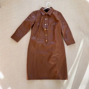 Talbots Cognac Faux-Leather Midi Shirt Dress with Gold Buttons🌿
